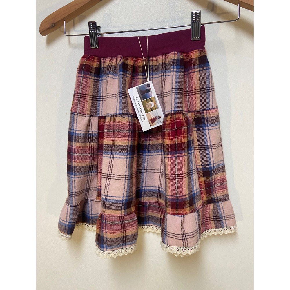 Girls Flannel Mom and Pop's Kids Midi Skirt Size 3 Pink Plaid Upcycled Lace